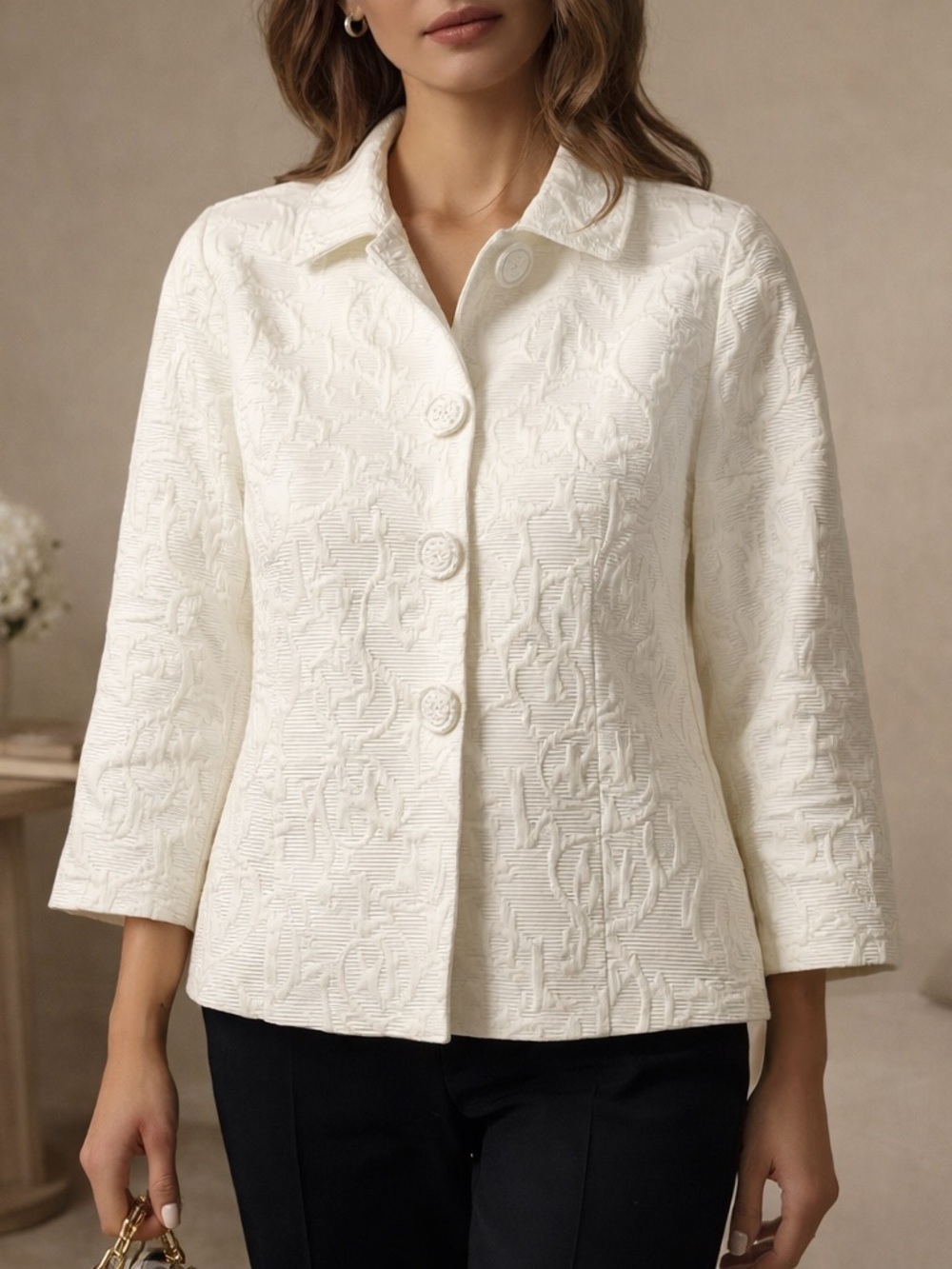 Vintage Italian Boutique Ivory Jacquard Jacket Floral Embossed Blazer Size L